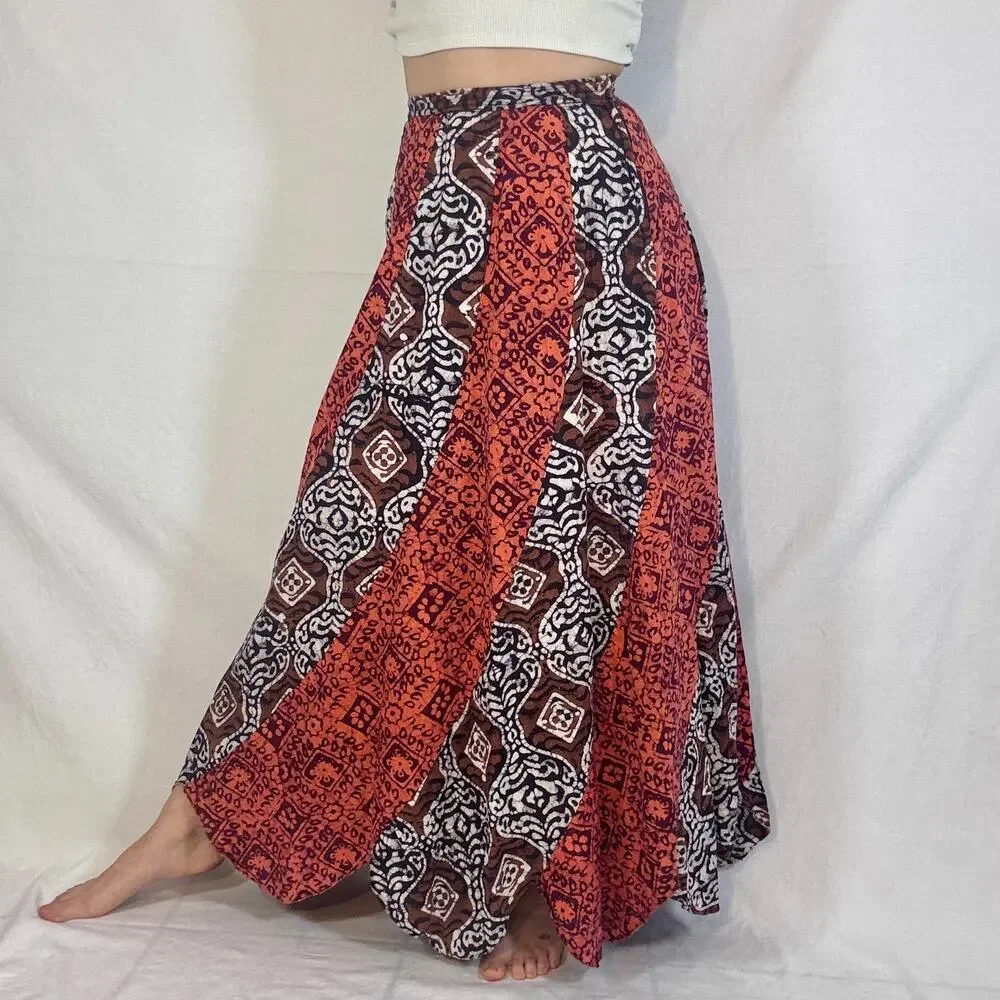 Vintage 1970s Red Brown Block Print Cotton Maxi Skirt Bias Cut Boho Swirler 25W
